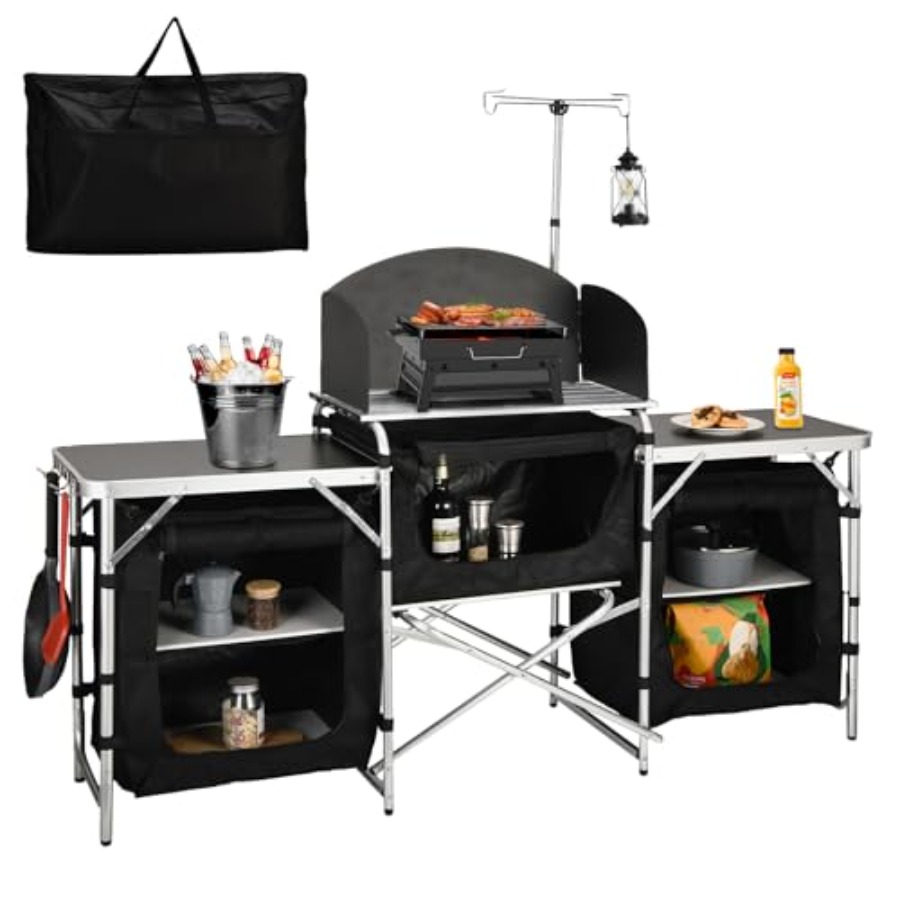 Camping Cooking Table With Windshield - Кемпинговый кухонный стол, алюминиевая складная походная